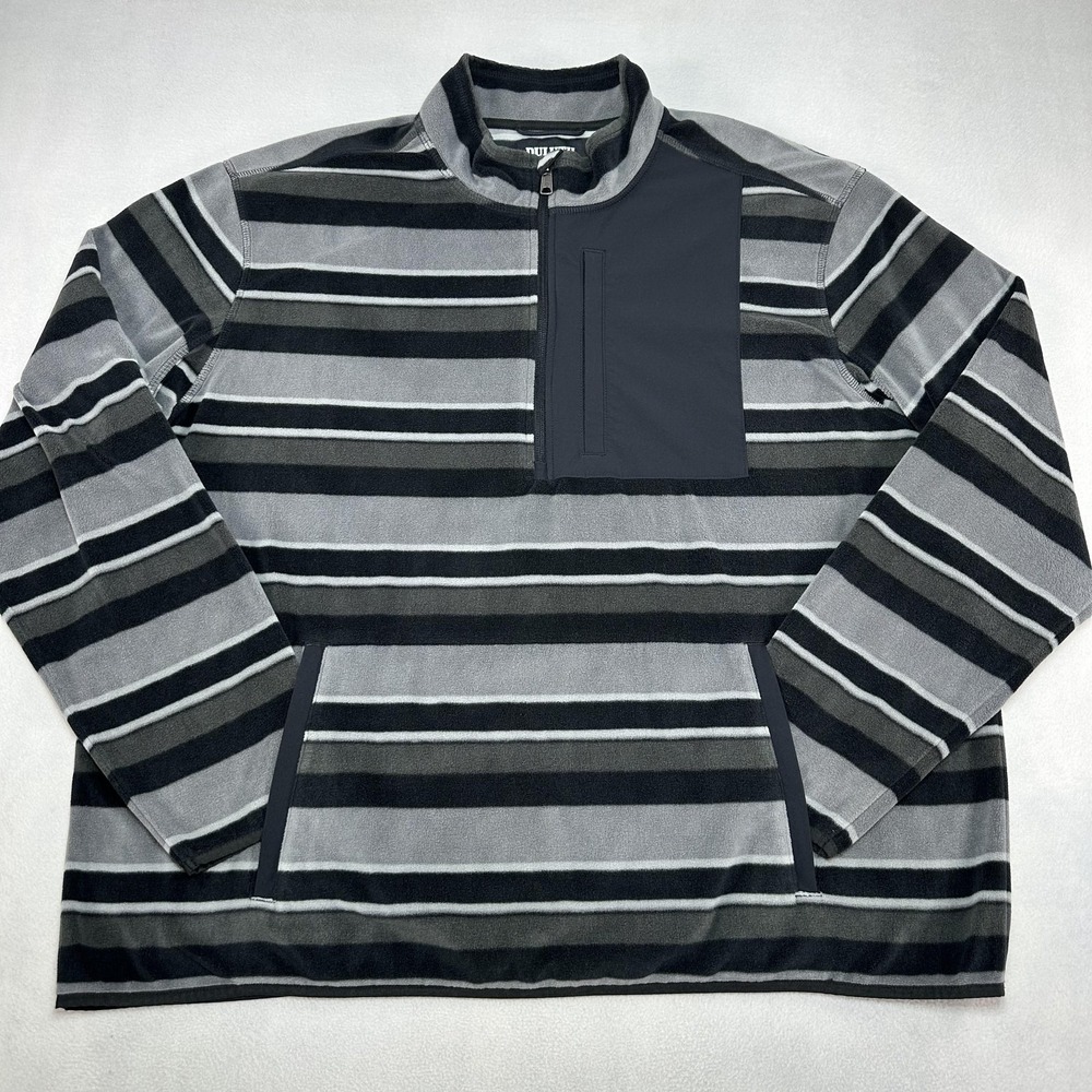 Duluth‎ Trading Co Jacket Mens 2XL Gray Striped 1/4 Zip Fleece Pullover Relaxed